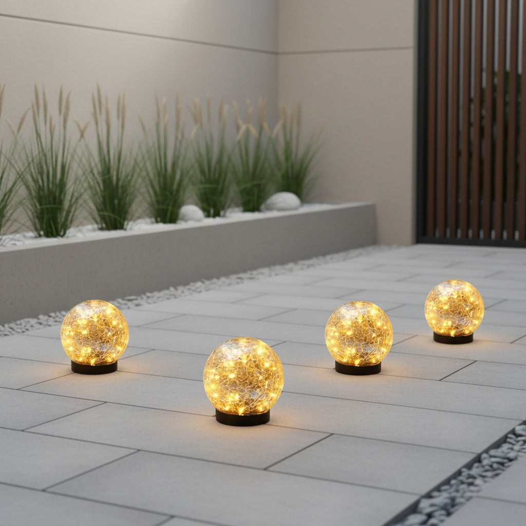 Solar Garden Ball Lights with Crackle Glass, Warm White LED Decorative Globes in 4 or 6 Piece Sets for Patio, Lawn and Outdoor Garden Decor