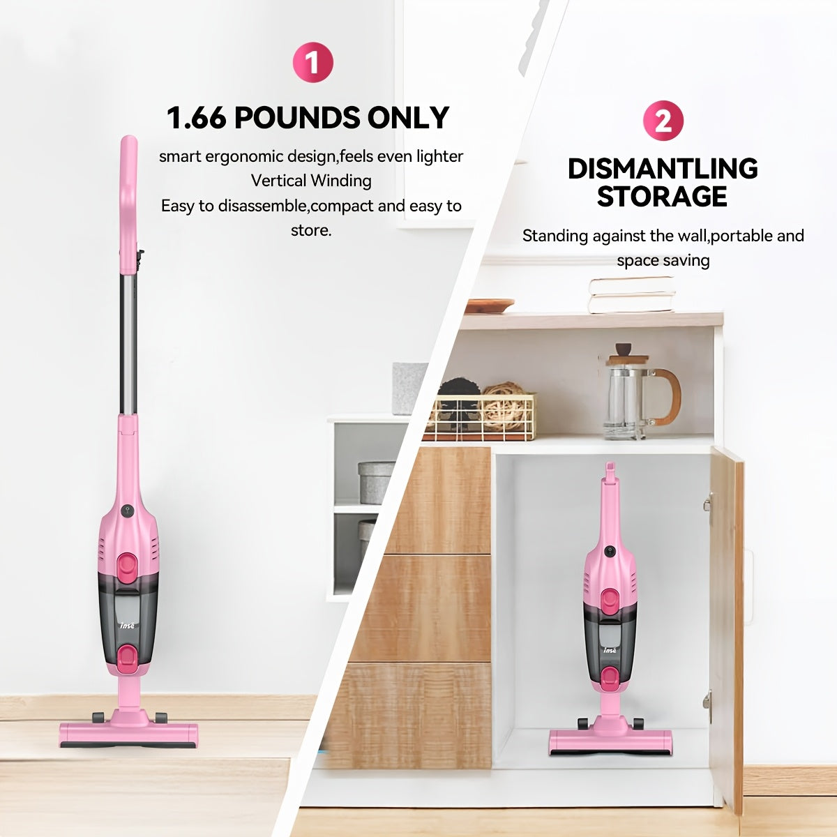 600W Bagless Stick Vacuum INSE with Listed 20kPa Suction and 18-Foot Cord, Handheld Cleaning Format in Seven Colors for Compatible Floors and Pet Hair Cleanup