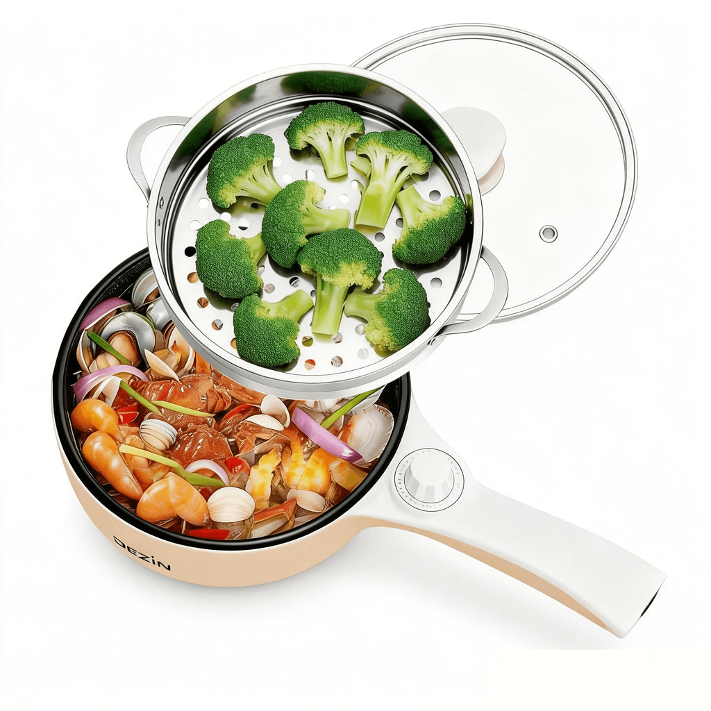 Electric Hot Pot with Steamer and Listed 57.48oz Capacity, Portable Nonstick Mini Skillet with Adjustable Power in Beige or Green for Noodles and Kitchen Meals