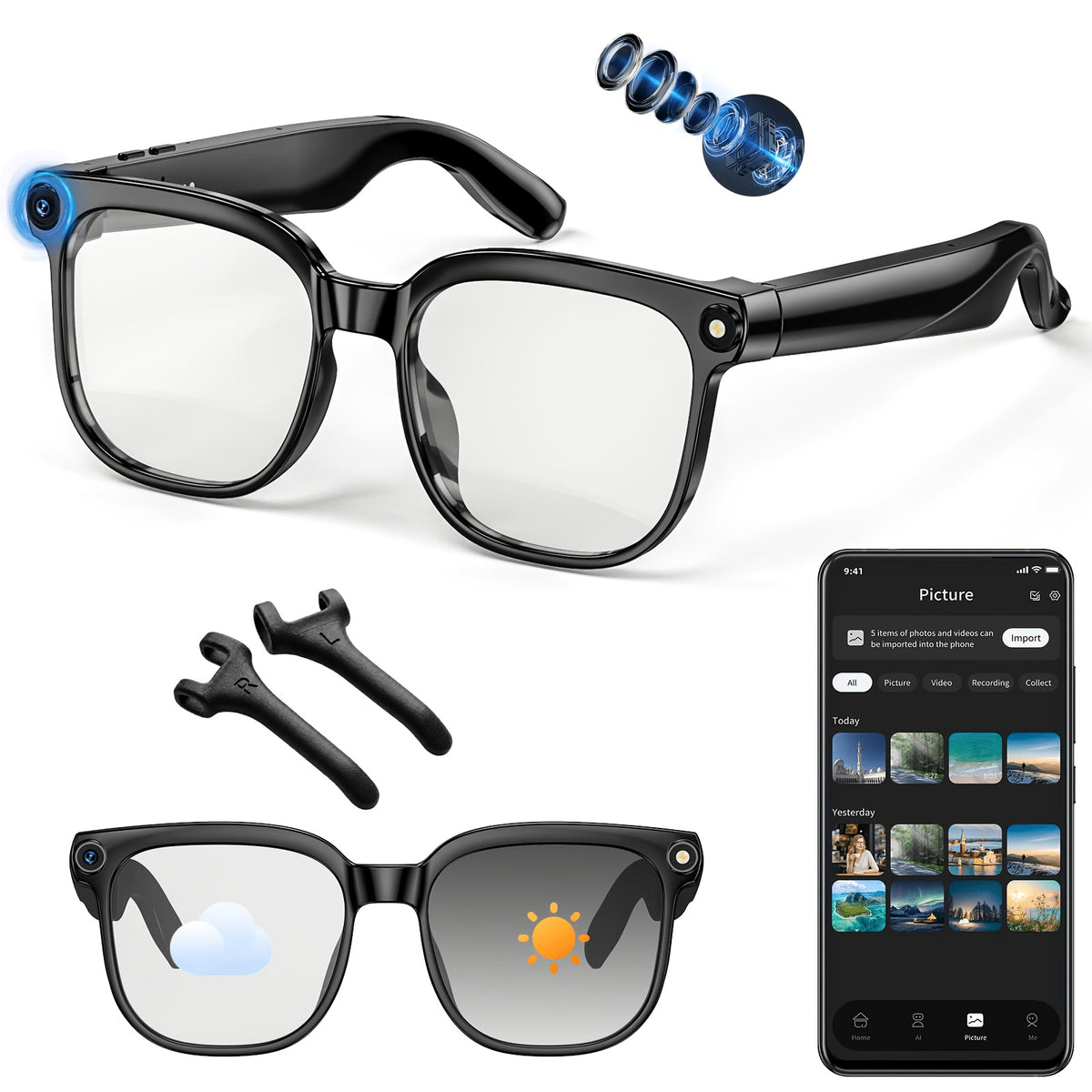 M08S-AI and M02S-AI Camera Smart Glasses with Listed Video and Audio Recording, Translation, Voice Assistant, Object Recognition, Music and Calling Features