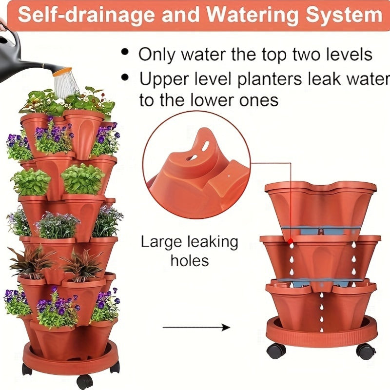 Vertical Garden Stackable Planter Set with Listed Six-Layer Petal Design, Wheels and Tools, Seven Color Options for Herbs, Flowers and Compatible Plants