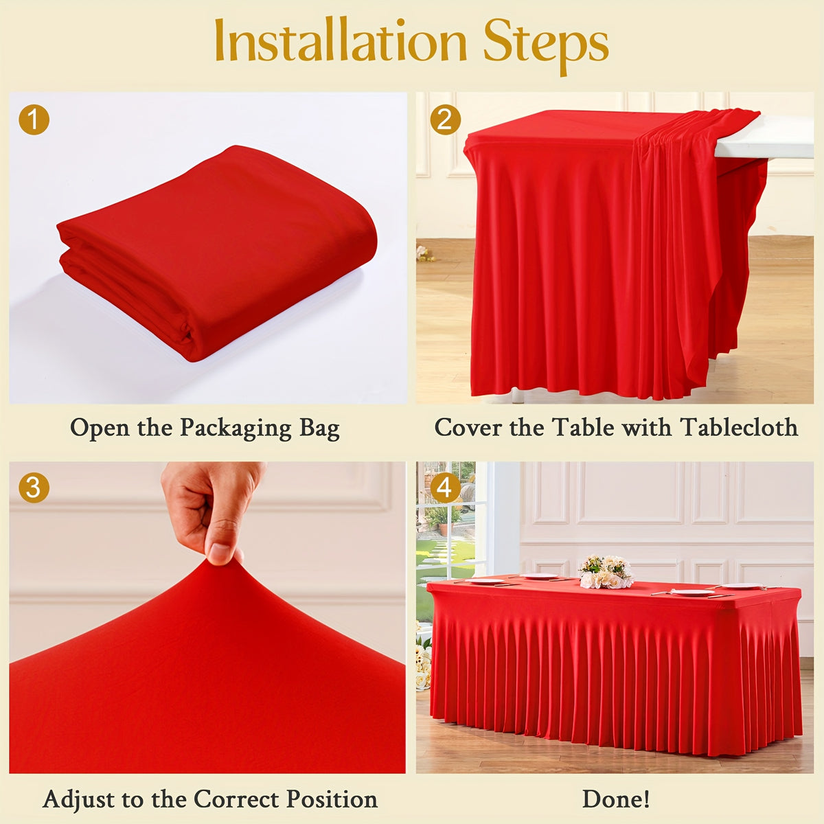 Elastic Polyester Table Cover with Wave Fold Skirt Styling, 4ft or 6ft Table Size Labels in Five Colors for Wedding Buffets, Birthday Parties and Banquet Displays