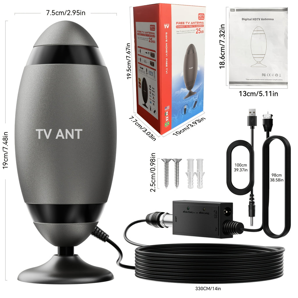 Rugby-Shaped Indoor HDTV Antenna in Black with Listed VHF and UHF Support, 4K and 1080P Compatibility Wording for Suitable Television Broadcast Reception