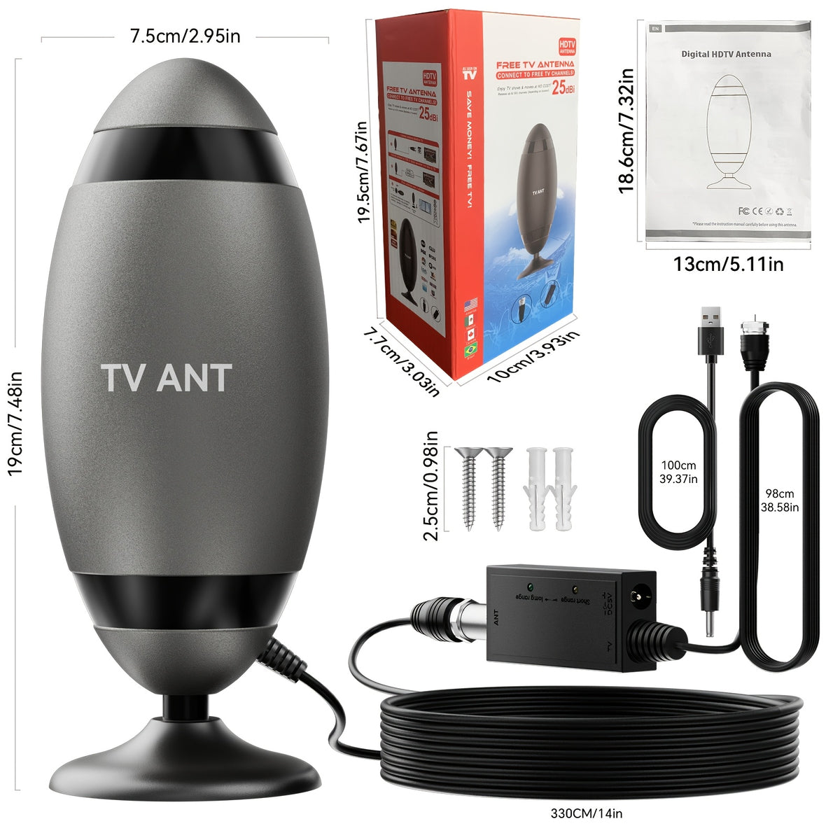 Rugby-Shaped Indoor HDTV Antenna in Black with Listed VHF and UHF Support, 4K and 1080P Compatibility Wording for Suitable Television Broadcast Reception