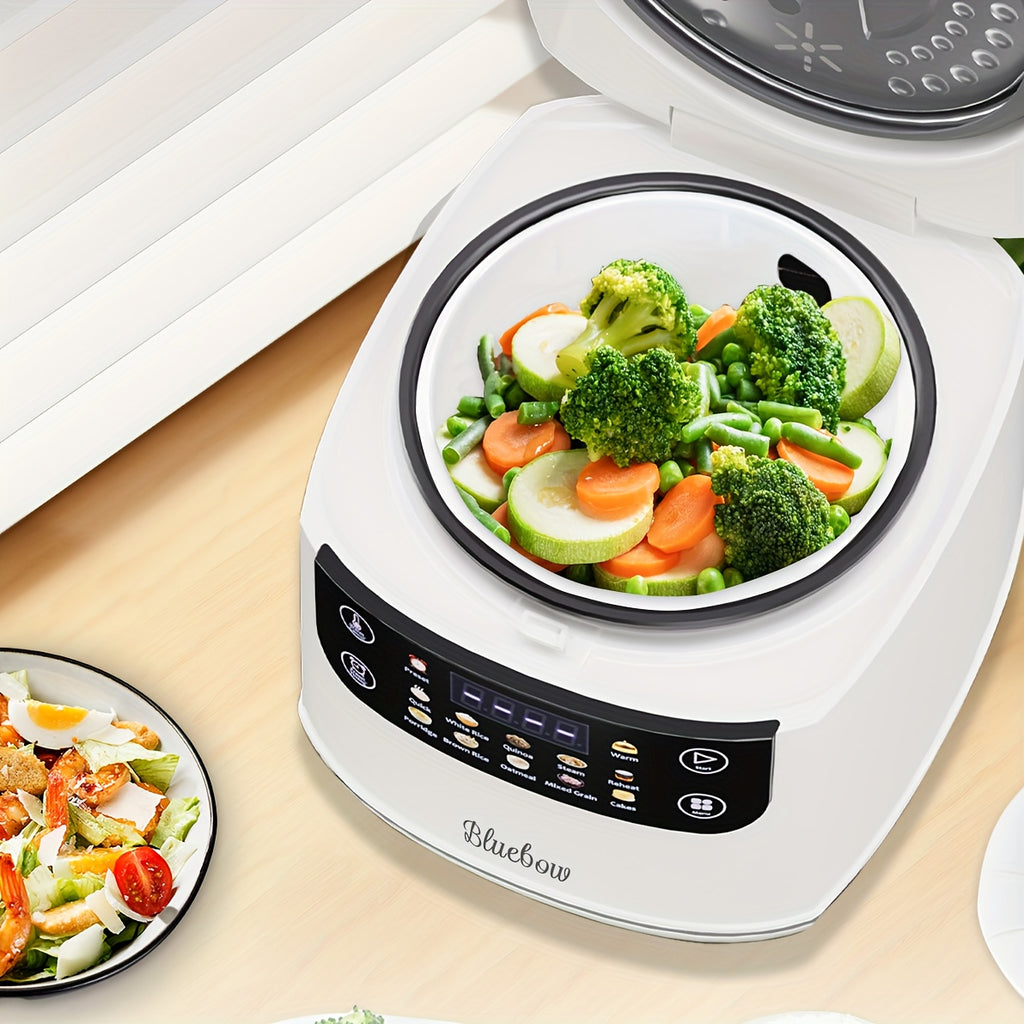 White LCD Rice Cooker by Bluebow with Listed 2L Capacity, Ten Menu Options, Nonstick Aluminum Inner Pot, Automatic Keep Warm and 24-Hour Delay for Small Households