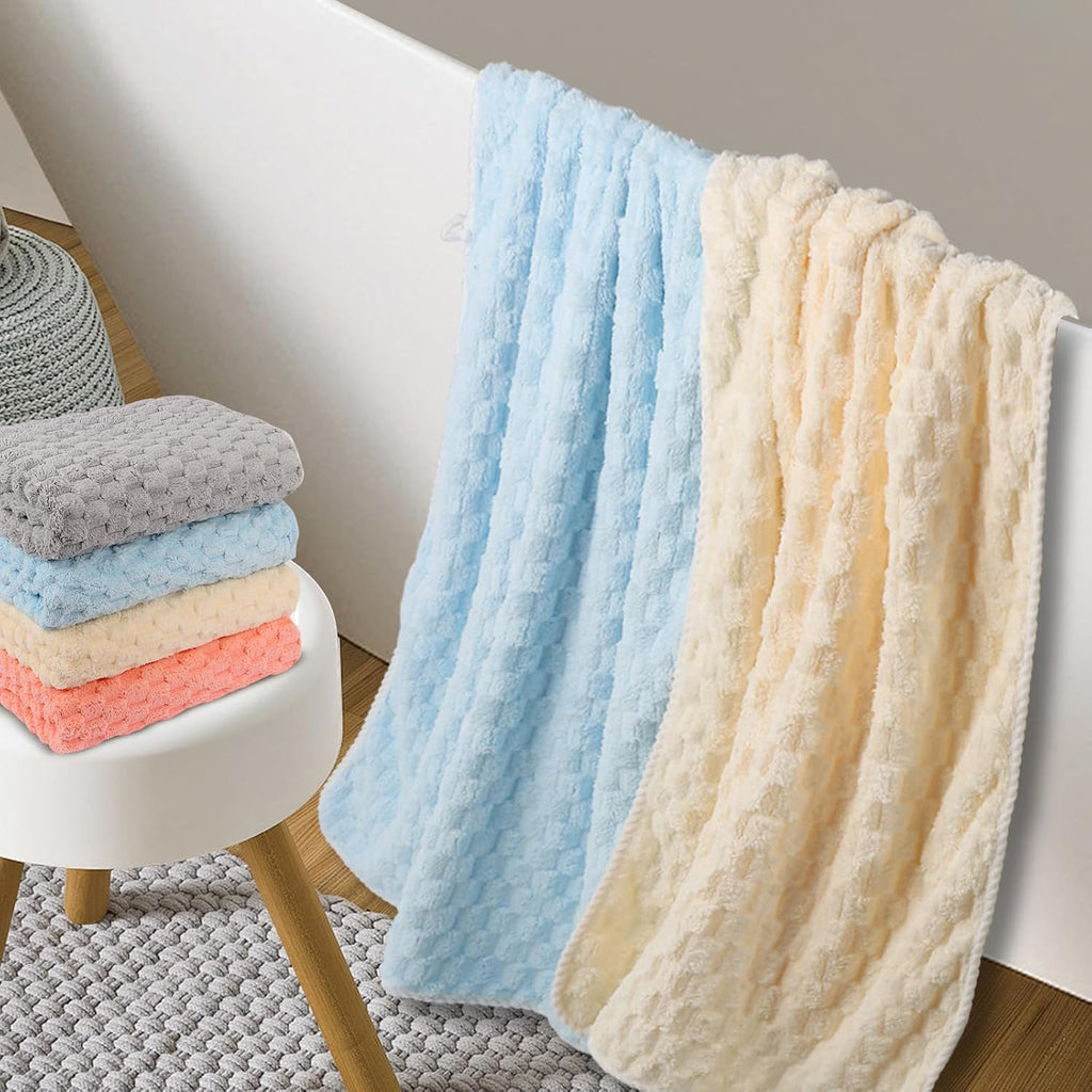 Coral Fleece Bath Towel Set with Hair Drying Cap, Five-Piece Bundle Featuring Four 27 x 55 Inch Plush Towels and Listed Hanging Loops for Home Shower Routines