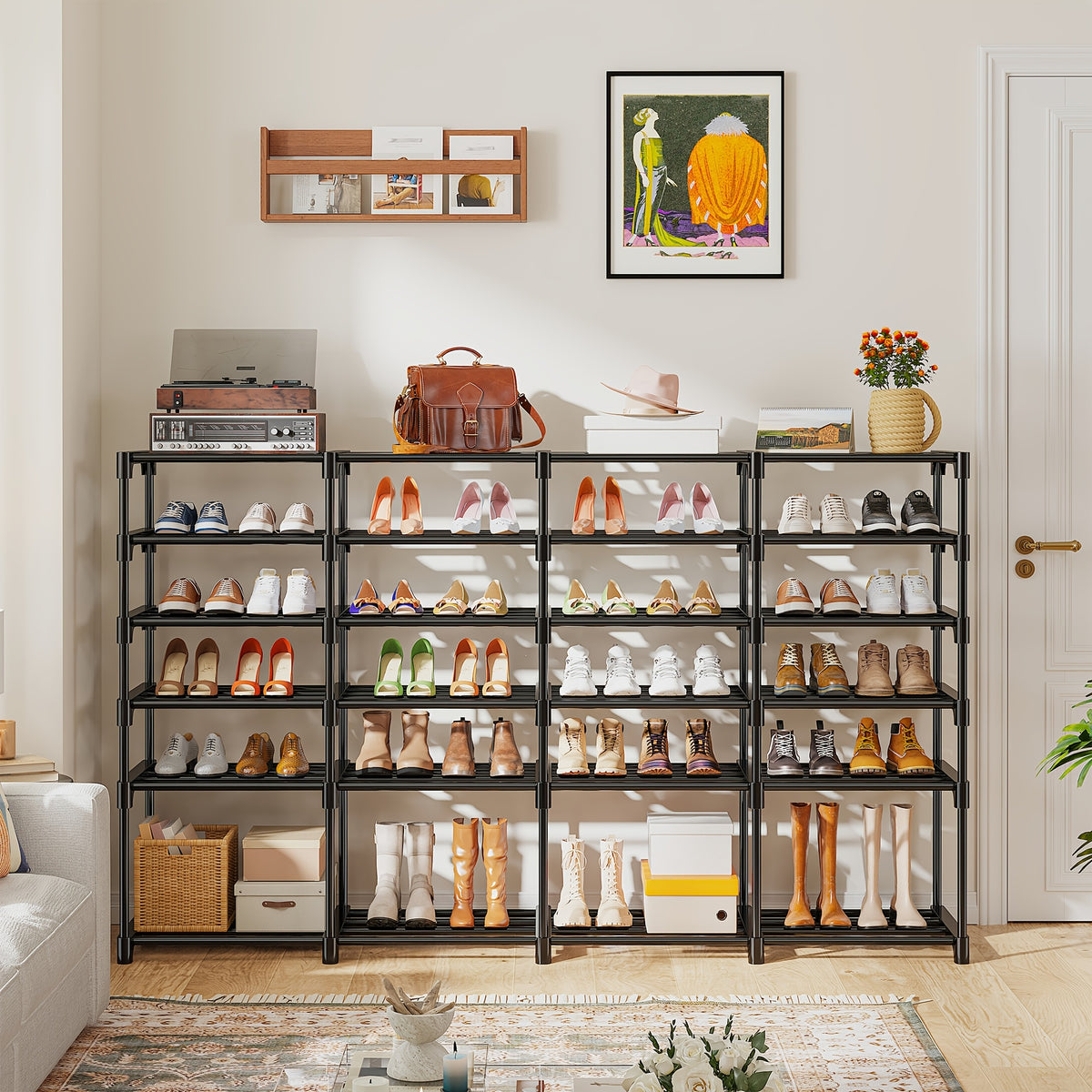 Four-Column Shoe Rack in Black with Six- or Nine-Tier Model Options, Listed Metal Construction and Customizable Layout for Entryway, Bedroom and Closet Footwear Storage