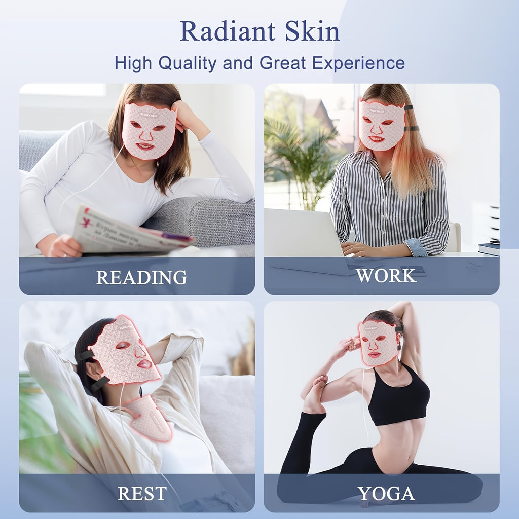 Soft Silicone LED Red Light Mask with Remote Color, Brightness and Time Controls, Listed 650nm and 850nm Wavelengths for Face, Neck and Chest Beauty Routines