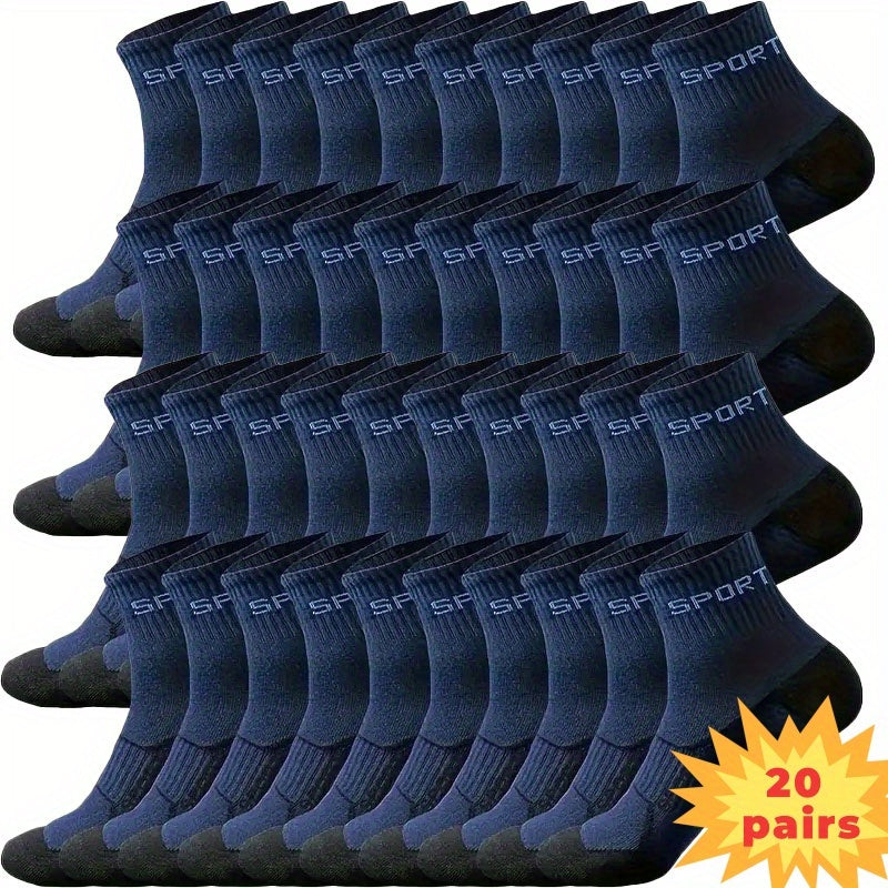 Men's Grey Athletic Socks 20-Pair Pack with Reinforced Heel and Toe, Moisture-Wicking Polyester Knit and Letter Design for Running and Casual Wear