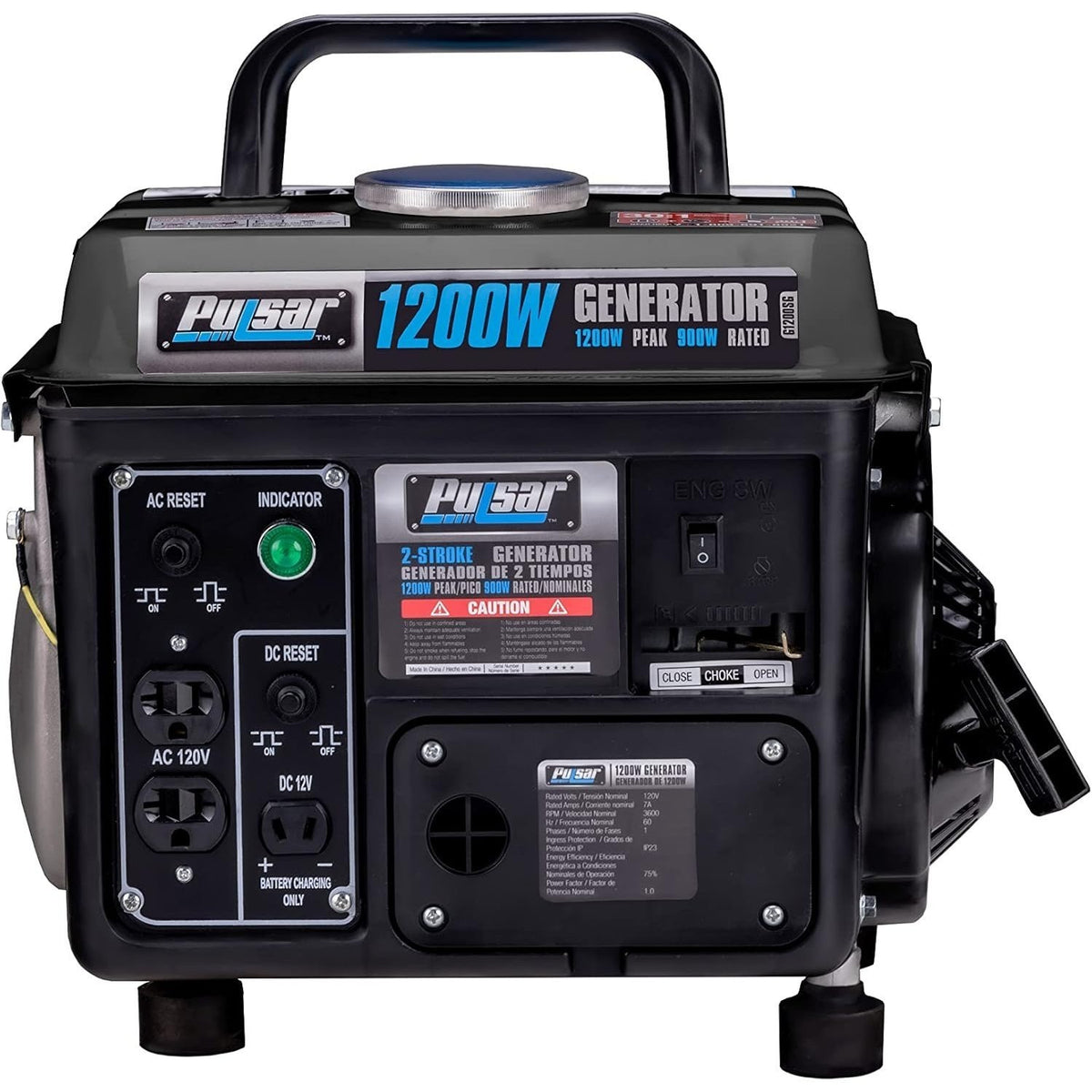 Gas-Powered Portable Generator by Pulsar with Carrying Handle, Listed 1200 Peak and 900 Running Watts, Recoil Start and 120V Outlets for Outdoor Power