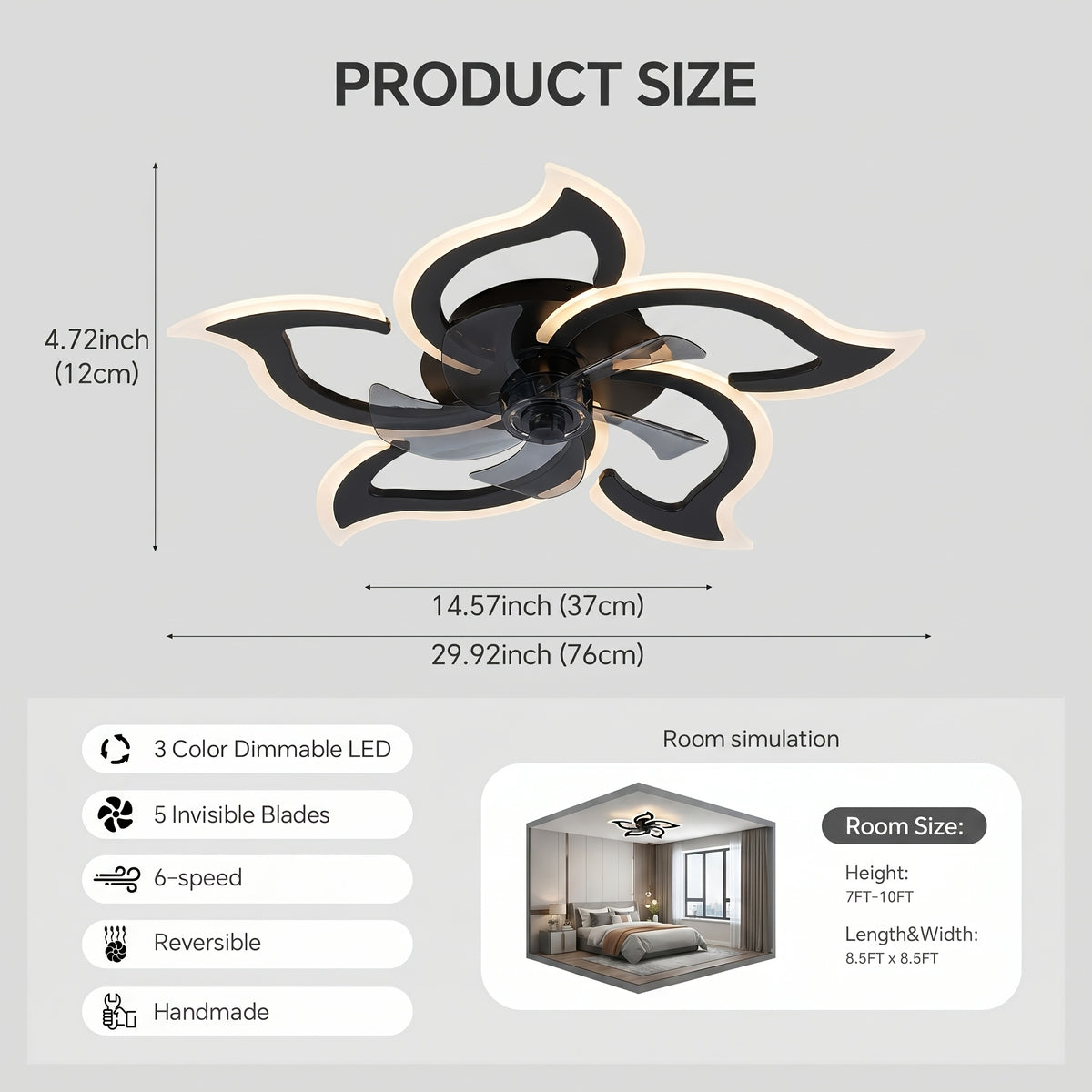Petal Shape Ceiling Fan with LED Light and Remote, Listed 30-Inch Low-Profile Flush Mount, Six Speeds and Three Light Colors, Black Round or Pointed Leaf Options