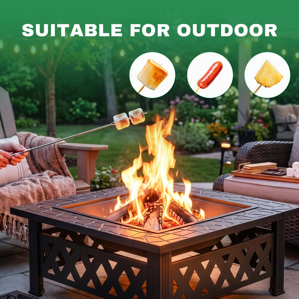 Outdoor Fire Pit in Black Metal with Mesh Screen Lid and Ash Fork, Listed 32-Inch Size for Garden Gathering Areas and Backyard Entertaining