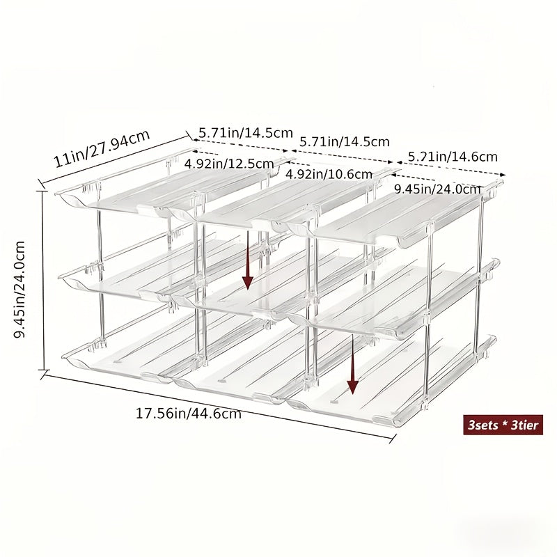 Three-Tier Can Organizer Rack, Clear Plastic Stackable Rolling Storage for Soda and Canned Foods, 3 Layers-3 Sets Option with Listed 36-Can Capacity Reference