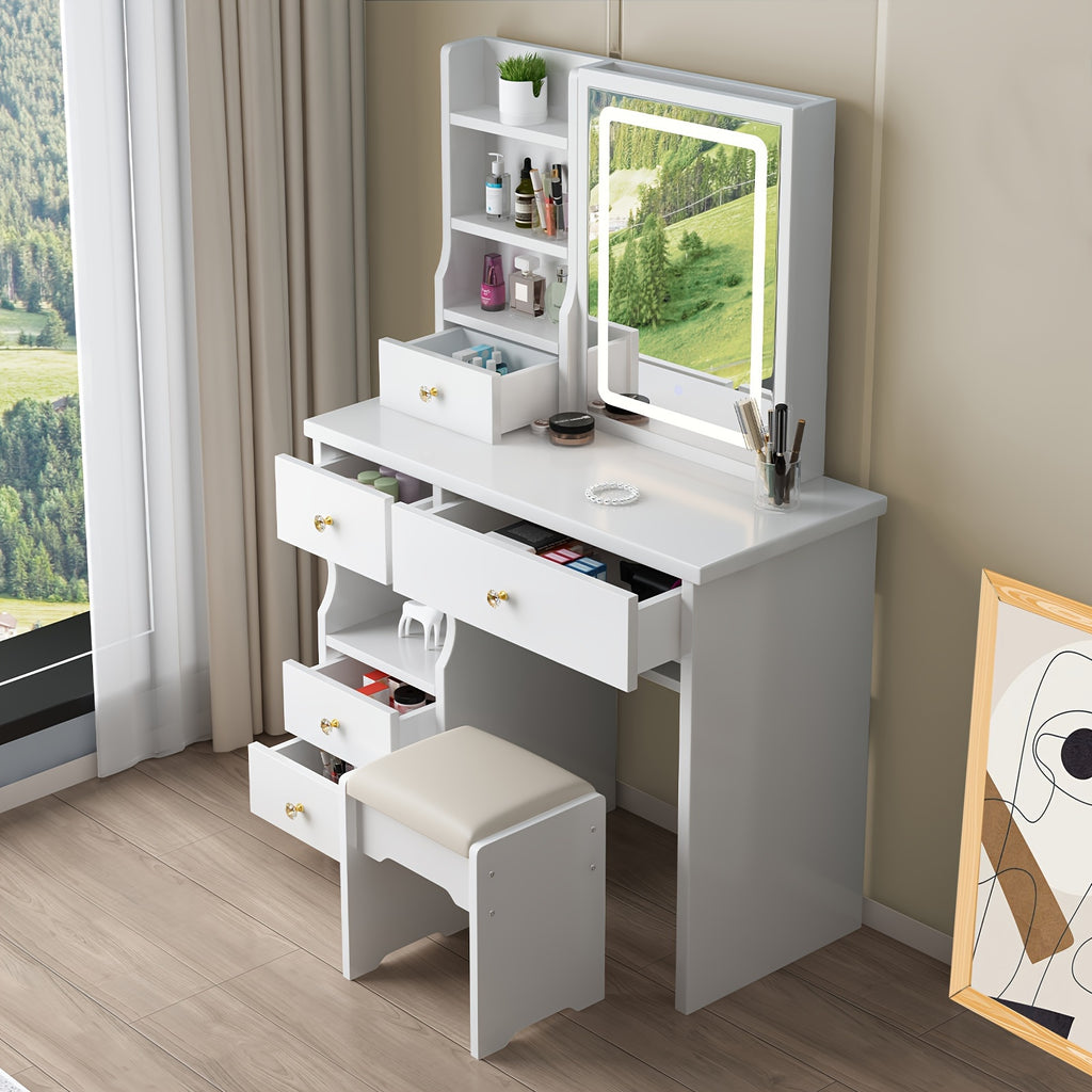 Makeup Vanity with Lighted Mirror, White Dressing Table Set with 5 Drawers, Stool and Open Shelves, 3 Light Settings and Adjustable Brightness