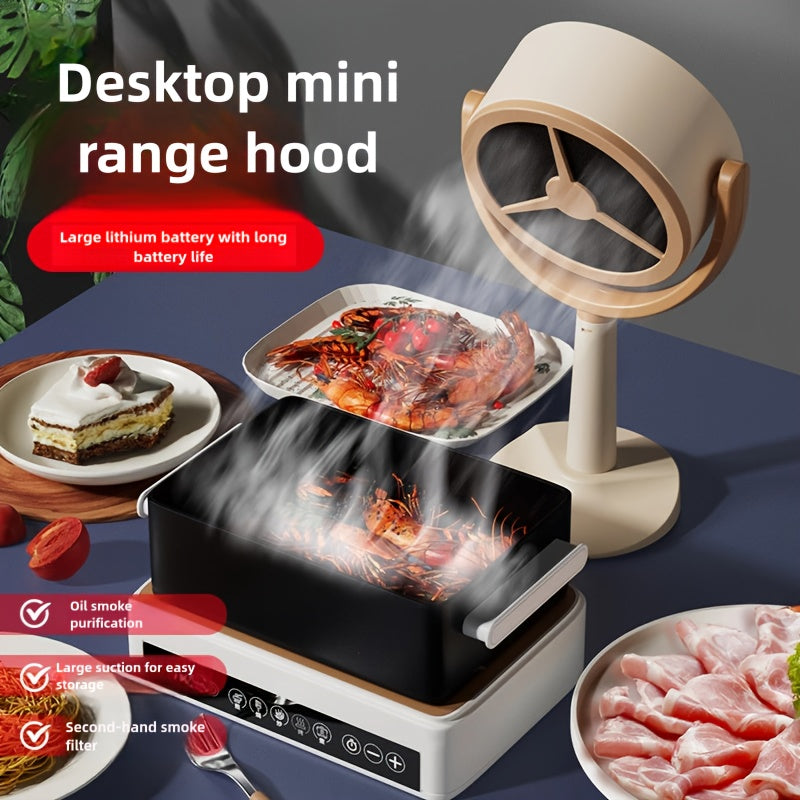 Portable USB Range Hood in Beige with Two Listed Filter Screens, Compact Desktop Exhaust Fan for Instruction-Approved Hotpot and Tabletop Cooking Setups