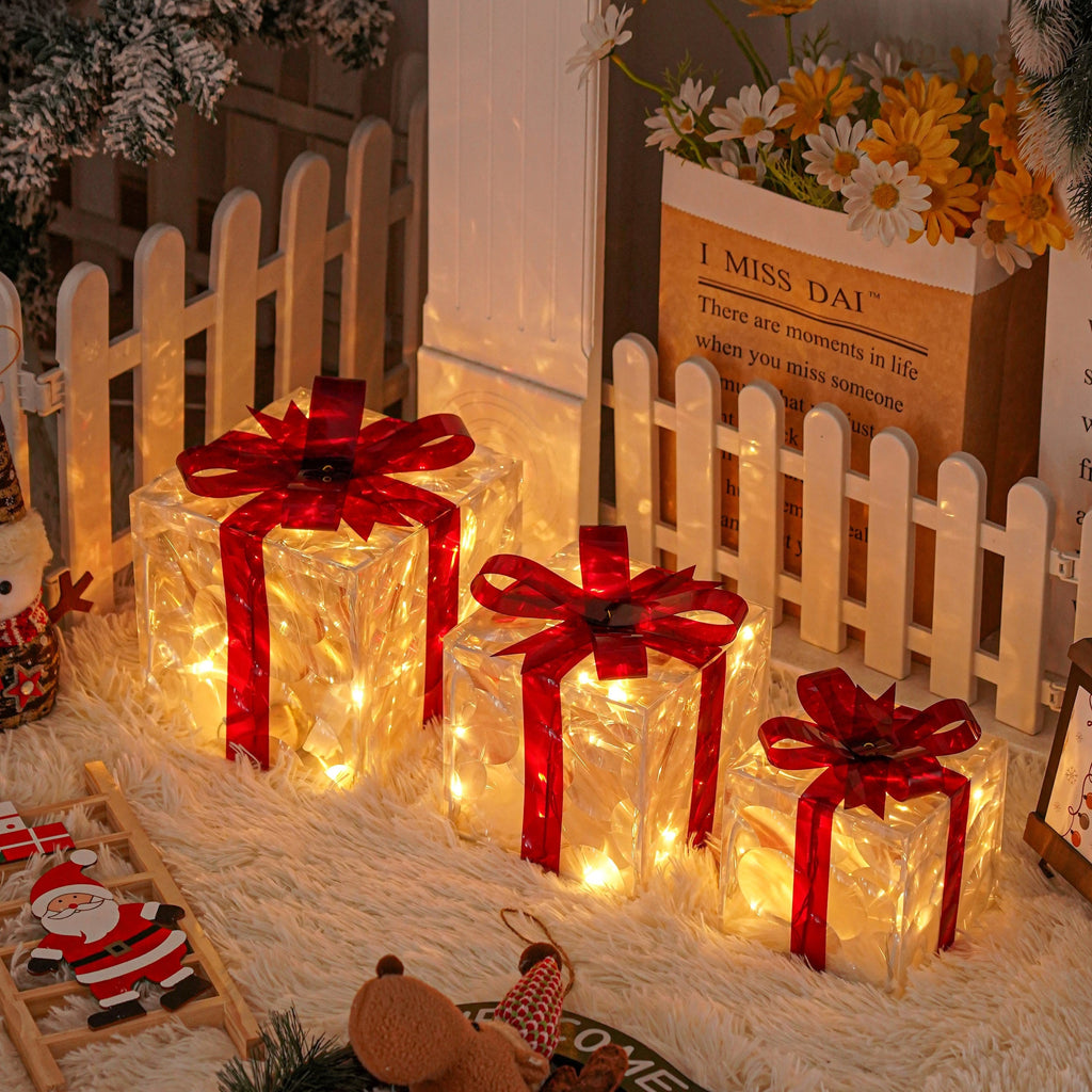Lighted Christmas Present Boxes, Classic Set of 3 Warm White Decorative Gift Boxes with 60 Listed LEDs, Red Bows, USB or Battery Power and Daily Timer