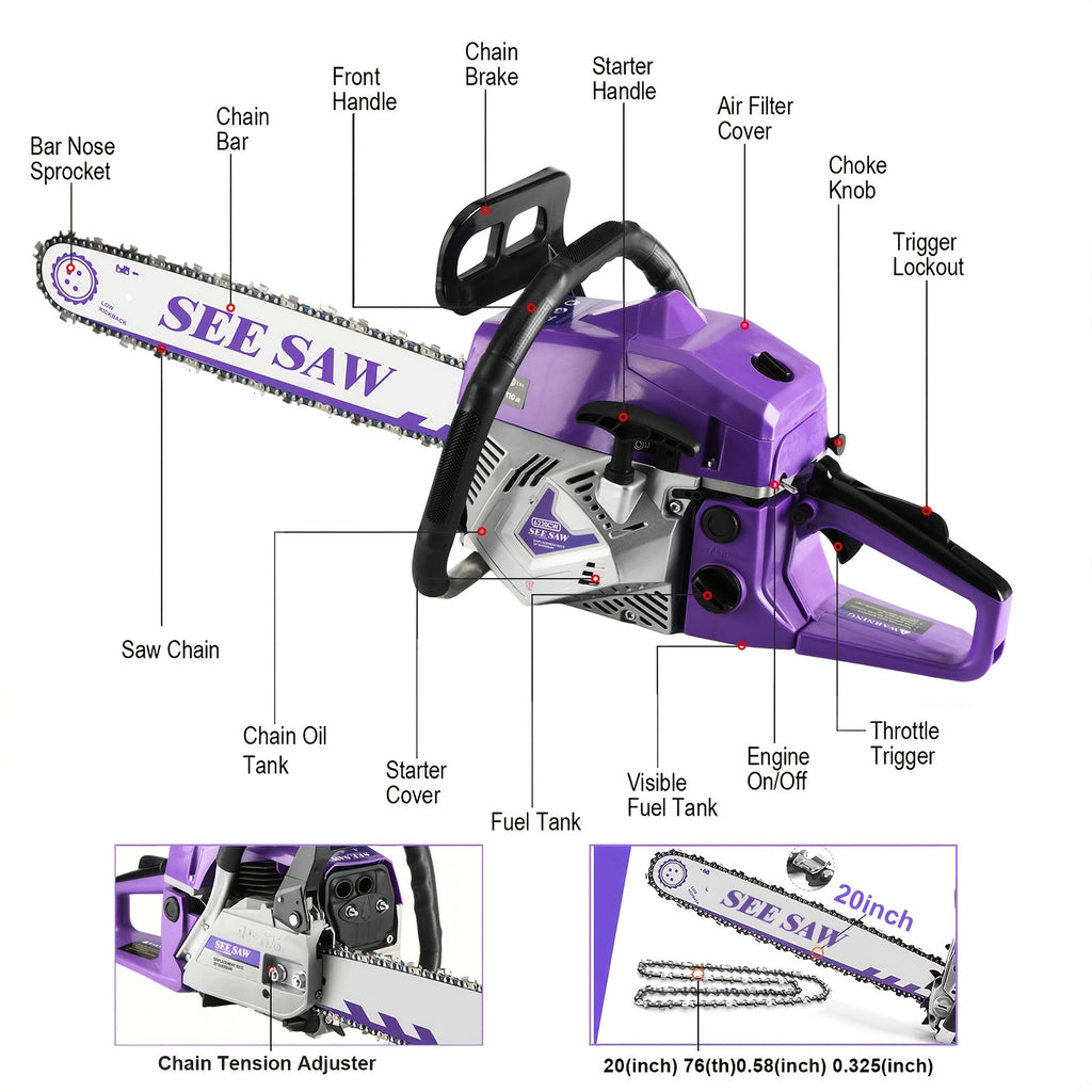 Gas Chainsaw with Anti-Vibration Handle, 62cc 2-Stroke Wood Cutting Saw with Listed 20-Inch Guide Bar for Experienced Adult Ranch and Farm Users