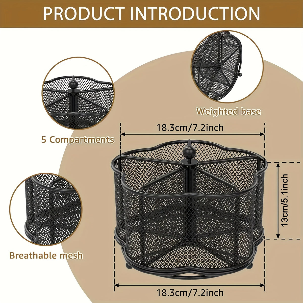 Rotating Metal Utensil Caddy, Five-Compartment Flower-Shaped Mesh Cutlery Organizer with 360-Degree Rotation and Weighted Base for Kitchen Counters and Buffets