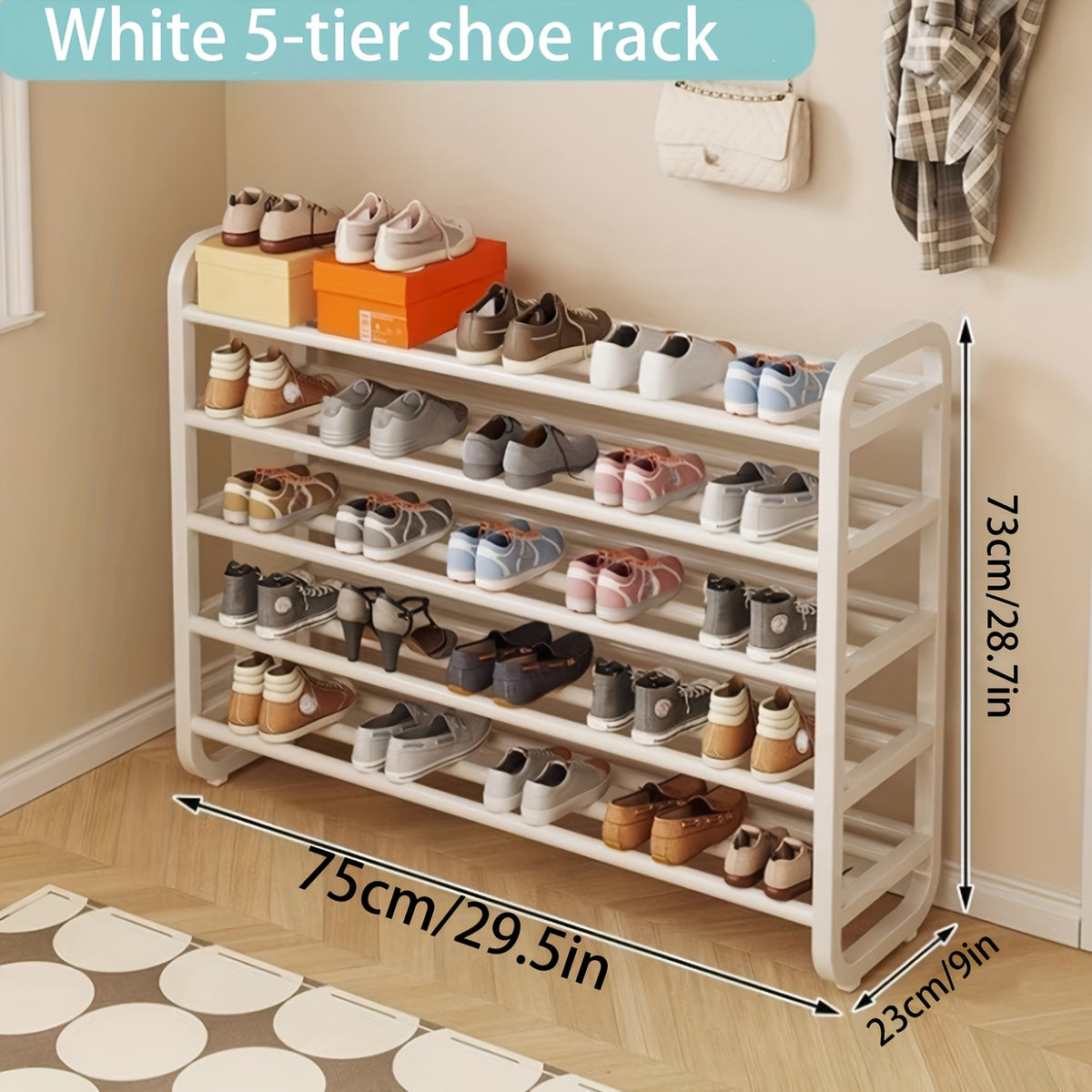 Five-Tier Iron Shoe Rack, Narrow Freestanding Footwear Organizer in White or Black with Listed 18-Pair Capacity for Entryway, Dorm and Living Room Storage