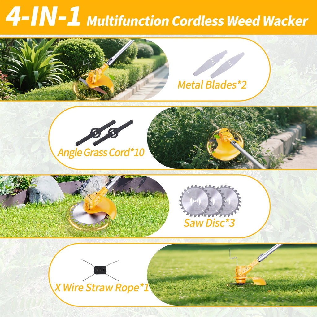 Cordless Electric Yard Weeder, Portable Lithium-Ion Battery Lawn and Garden Cutting Tool with Basic, Yellow or Purple One- and Two-Battery Options