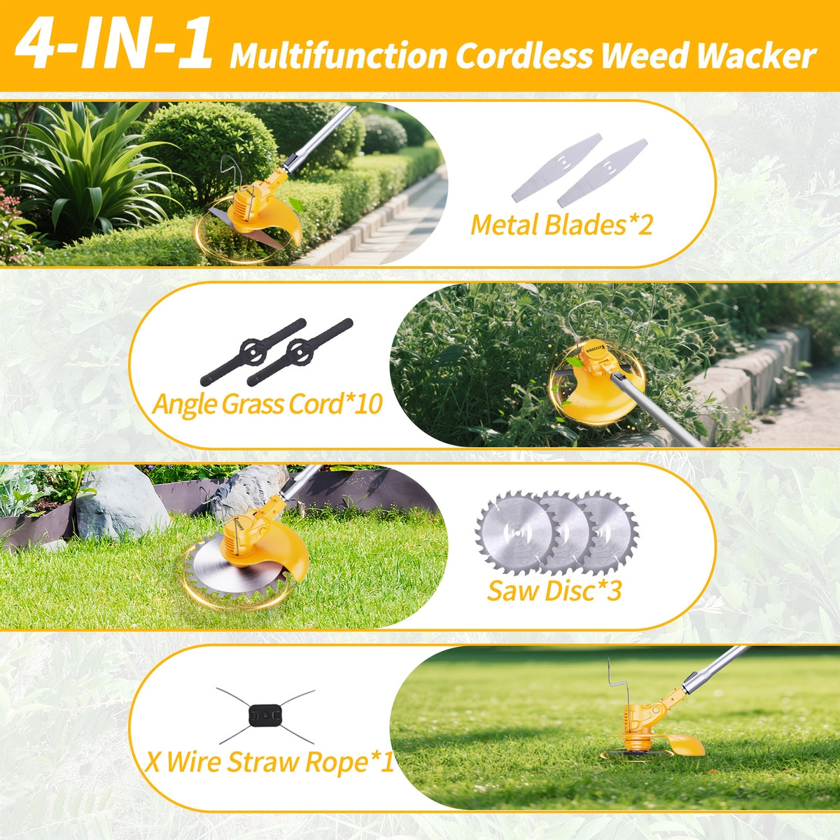 Cordless Electric Yard Weeder, Portable Lithium-Ion Battery Lawn and Garden Cutting Tool with Basic, Yellow or Purple One- and Two-Battery Options