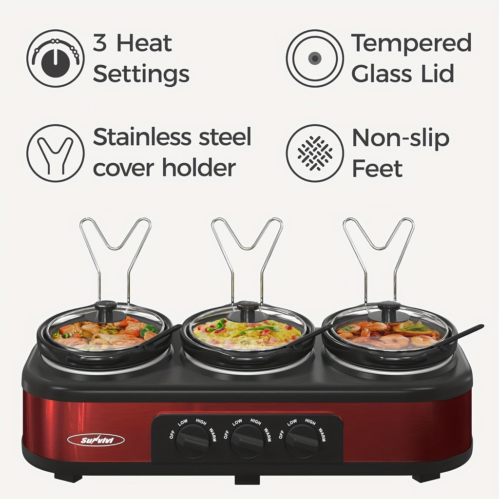 Triple Slow Cooker 3 x 1.5QT with Ceramic Pots and Glass Lids, 3 Cooking Settings, Buffet Server and Warmer for Parties and Family Gatherings