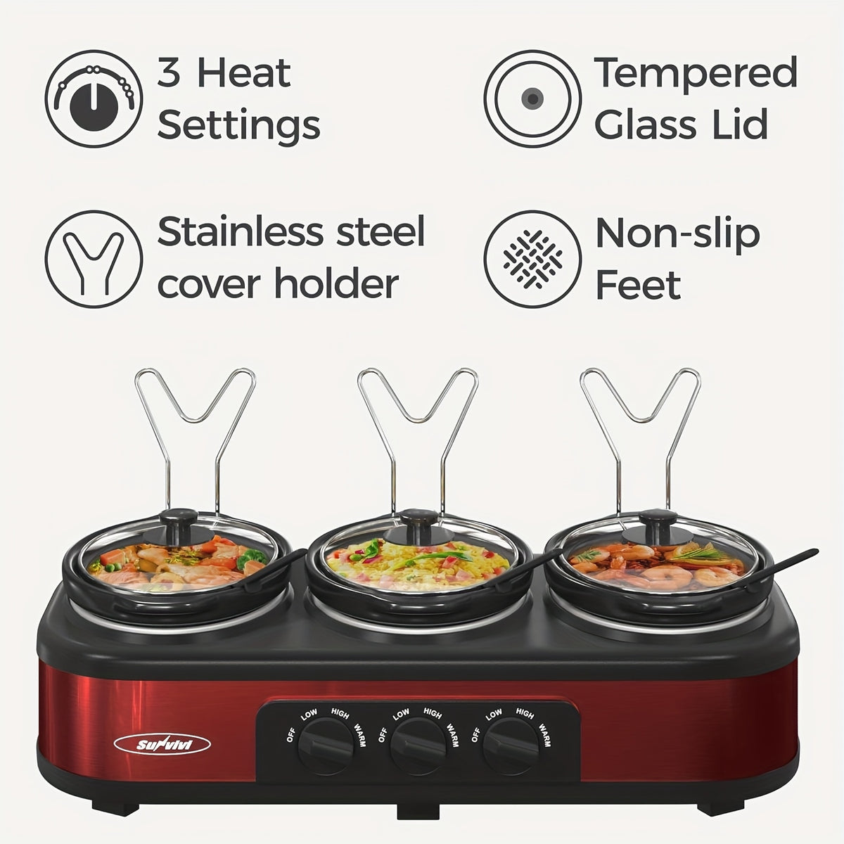 Triple Slow Cooker 3 x 1.5QT with Ceramic Pots and Glass Lids, 3 Cooking Settings, Buffet Server and Warmer for Parties and Family Gatherings