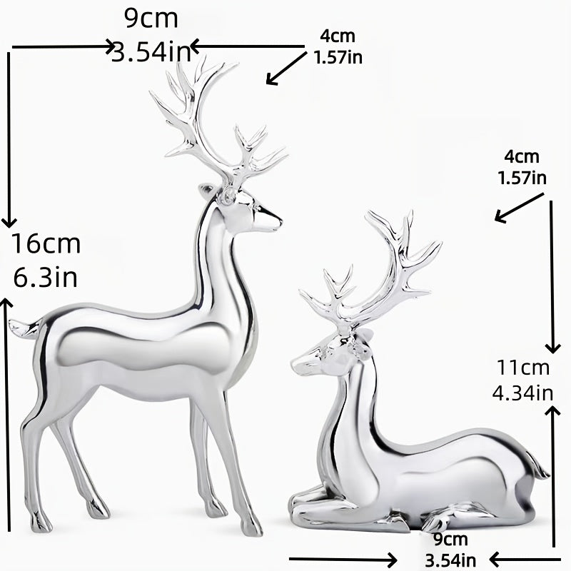 Reindeer Figurines in Champagne Golden or Silvery, Listed Two-Piece Decorative Set for Christmas Home Displays, Living Room Accents and Desk Styling