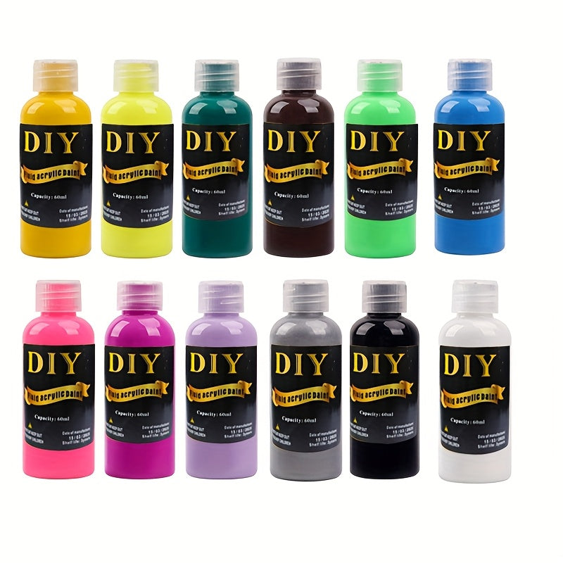 High-Gloss Fluid Acrylic Pour Paint Set with Six- or Twelve-Piece Options and Listed 2.03oz Bottles for Canvas, Plaster, Rock and Decorative DIY Art Projects