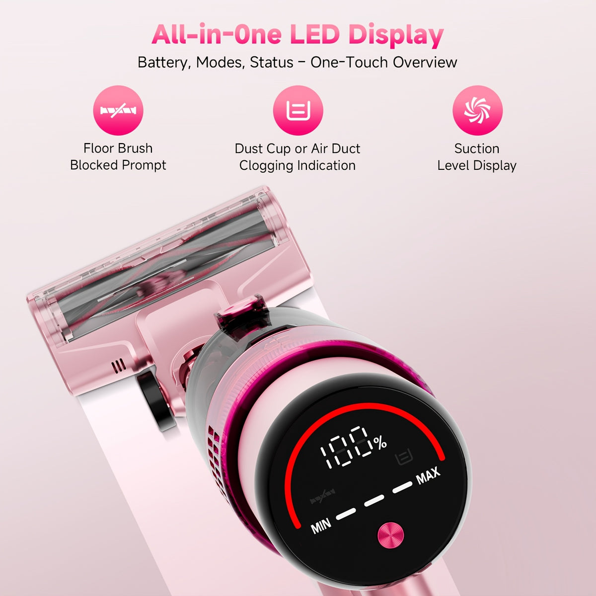 LED Display Cordless Vacuum Cleaner with Anti-Tangle Floor Brush and Detachable Rechargeable Battery for Carpet, Pet Hair, Tile and Hardwood Floors