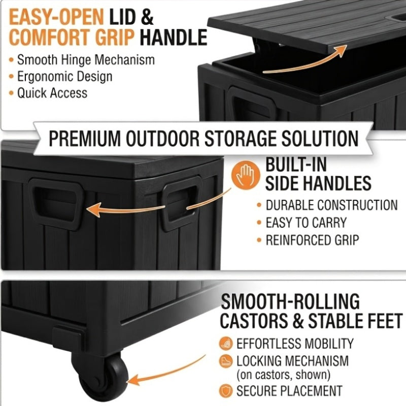 Flip-Top Patio Storage Box, Plastic Deck Organizer with Lockable Lid and Handle/Wheel References, Black 75 or Black 35 Model Options for Outdoor Essentials