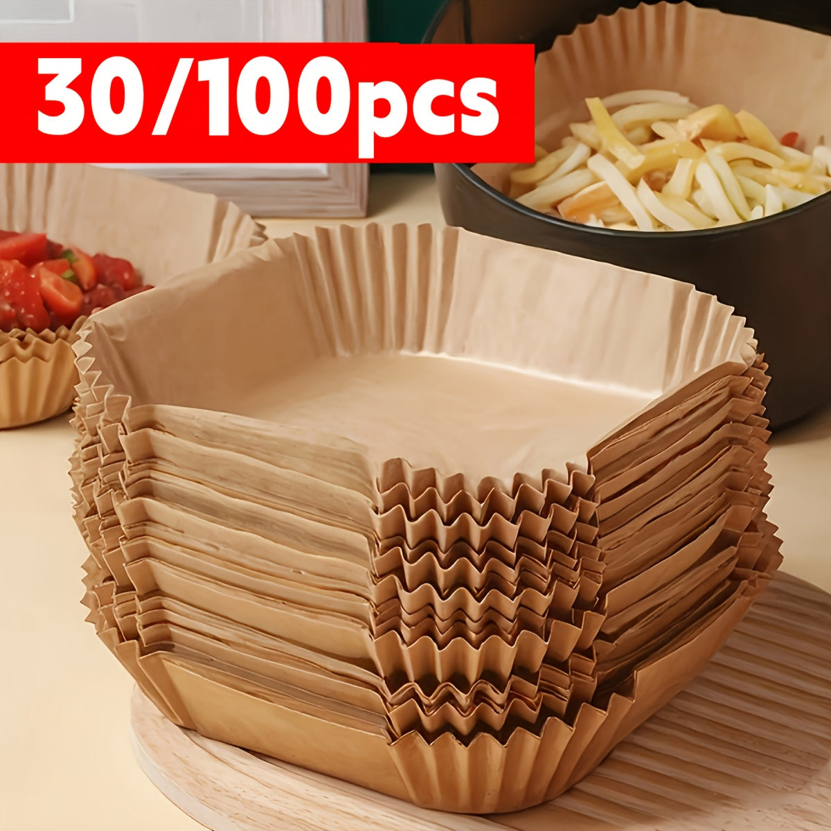Pleated Air Fryer Paper Liners in 30 or 100-Piece Packs, Disposable Nonstick Cooking Sheets for Compatible Basket Cooking, Baking and Roasting Cleanup