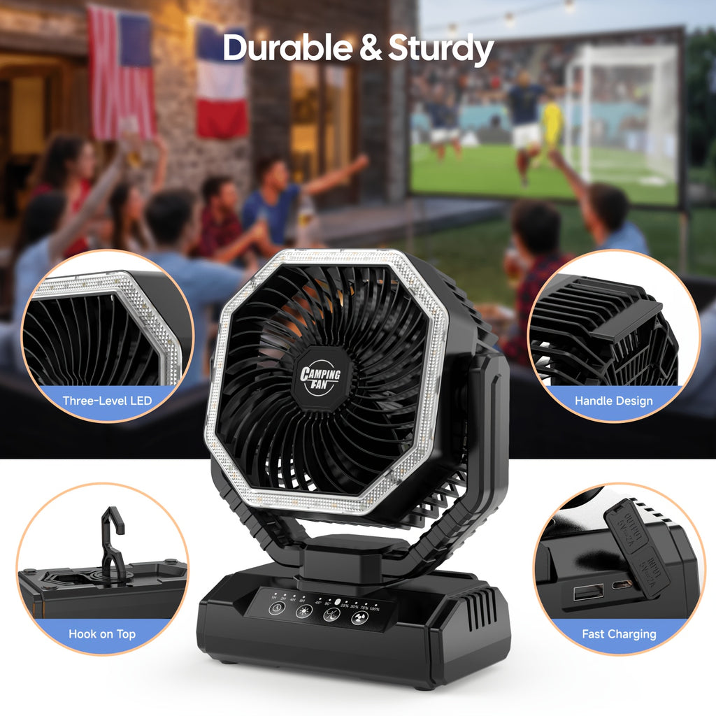 Battery Powered Camping Fan with 20000mAh Rechargeable Battery, Dual Auto Swing, 4 Speeds, 3-Level LED Light, 8-Hour Timer and Hanging Hook for Tents and RV Trips