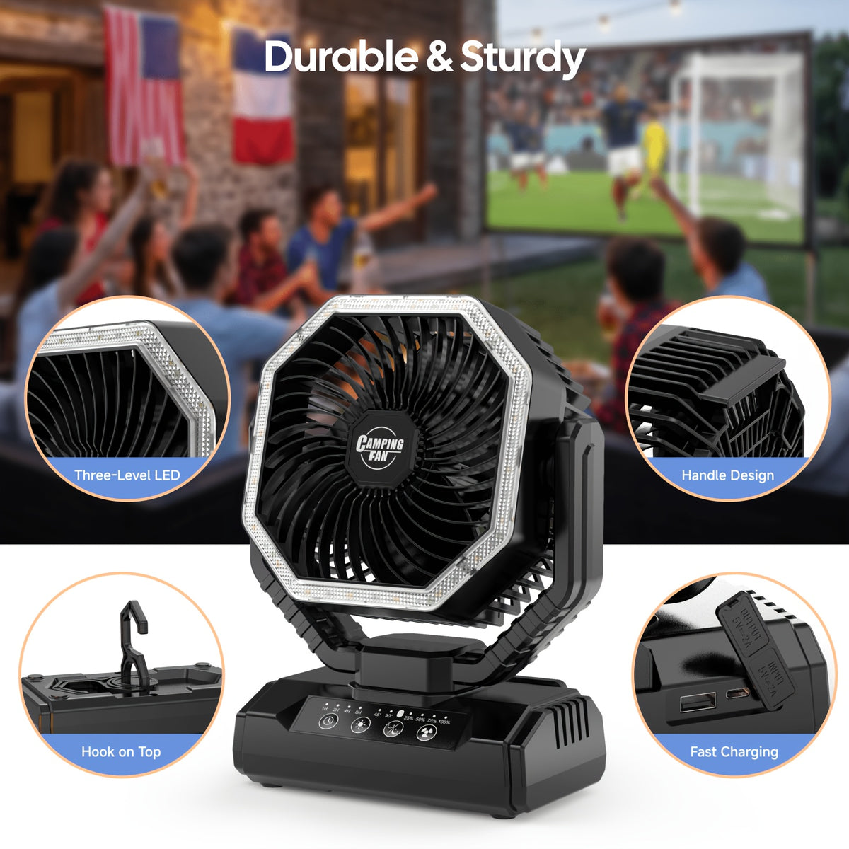 Battery Powered Camping Fan with 20000mAh Rechargeable Battery, Dual Auto Swing, 4 Speeds, 3-Level LED Light, 8-Hour Timer and Hanging Hook for Tents and RV Trips