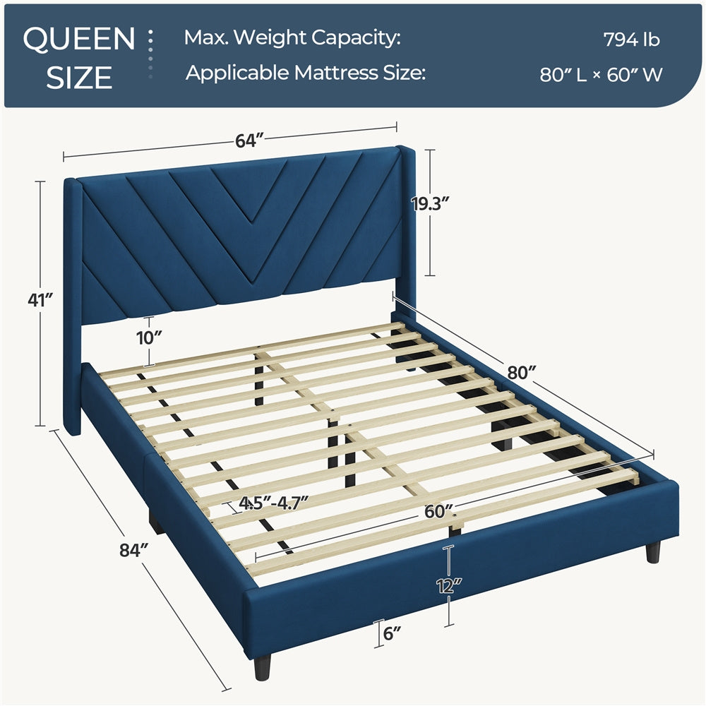Velvet Platform Bed Frame by Costoffs with Wingback Headboard and Geometric Stitching, Wooden Slat Support, No Box Spring Needed, Twin to King Options