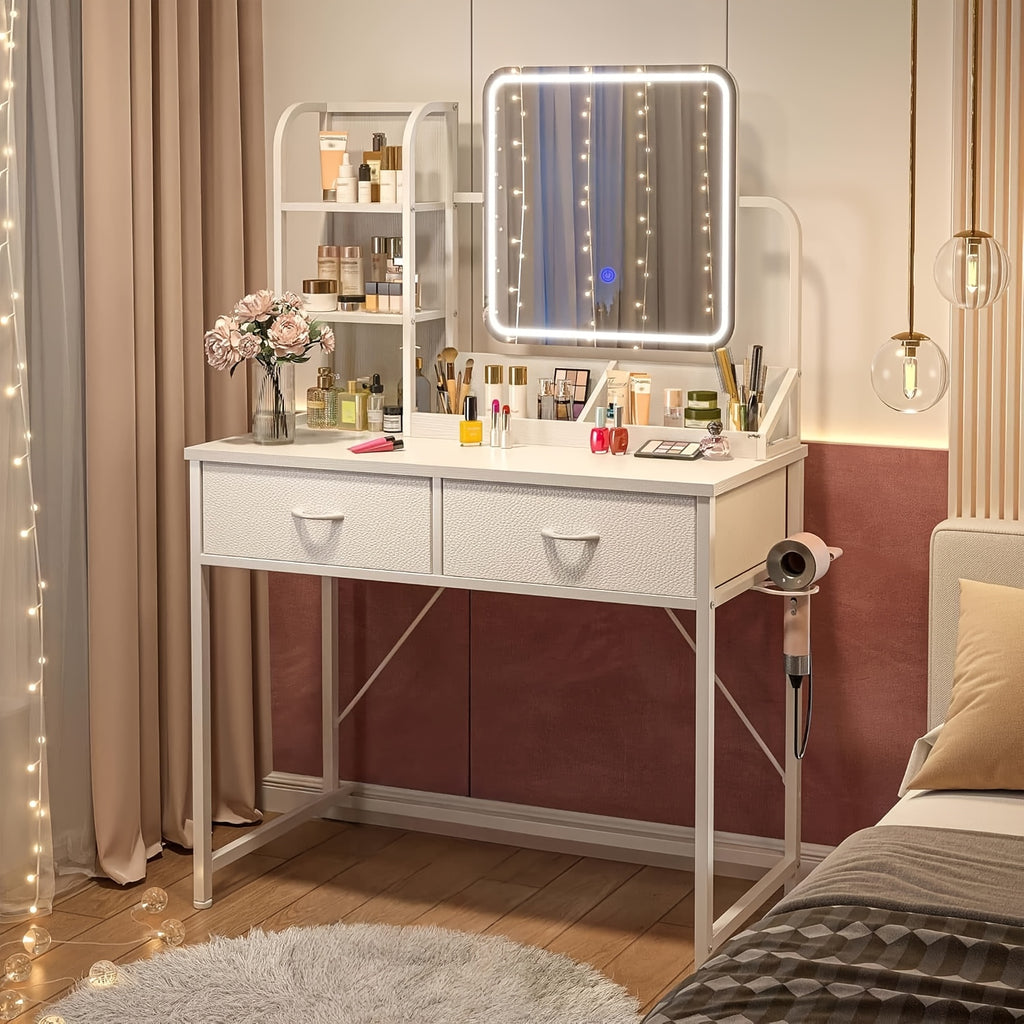 Black Vanity Desk with Lighted Mirror and Five Fabric Drawers, Three Lighting Modes, Adjustable Brightness and Listed Power Outlet for Bedroom Makeup Storage