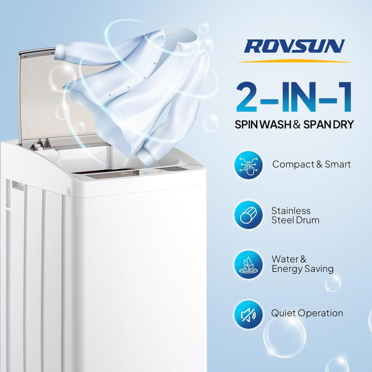 Compact Washing Machine with Drain Pump, Fully Automatic 17.8 lbs Portable Laundry Washer with Stainless Steel Tub, 110V Top Load for Apartments, Dormitories, RVs, Campers and Small Homes