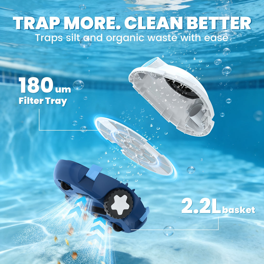 Cordless Robotic Pool Cleaner for Flat Pool Floors with Tracking Rope, Listed 120-Minute Runtime and 1100 Sq Ft Coverage in Four Color Options