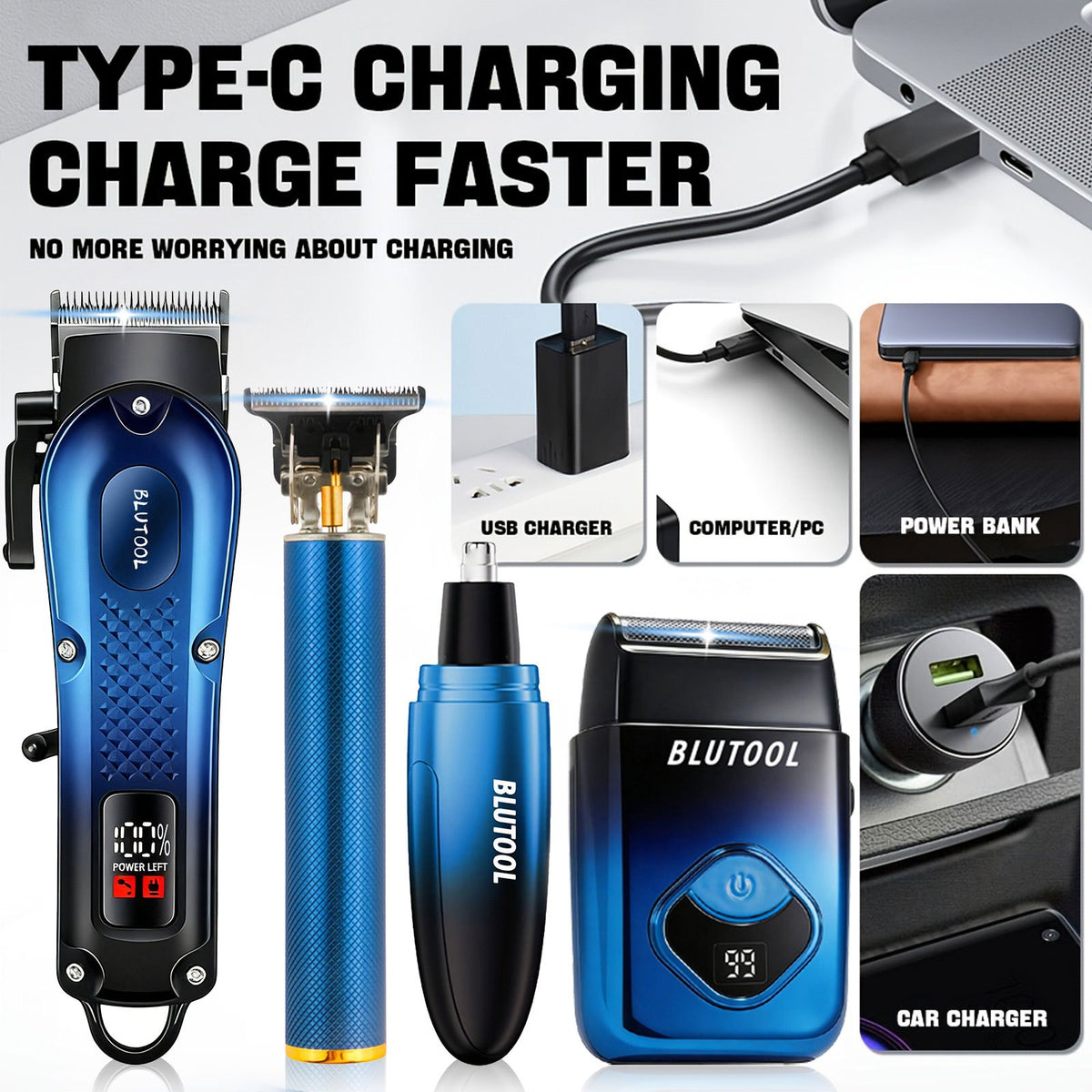 USB Rechargeable Hair Clipper Set for Men in Blue XY-4012, Cordless Grooming Tools with Listed Shaver, Nose Trimmer and Fine Trimmer Package References