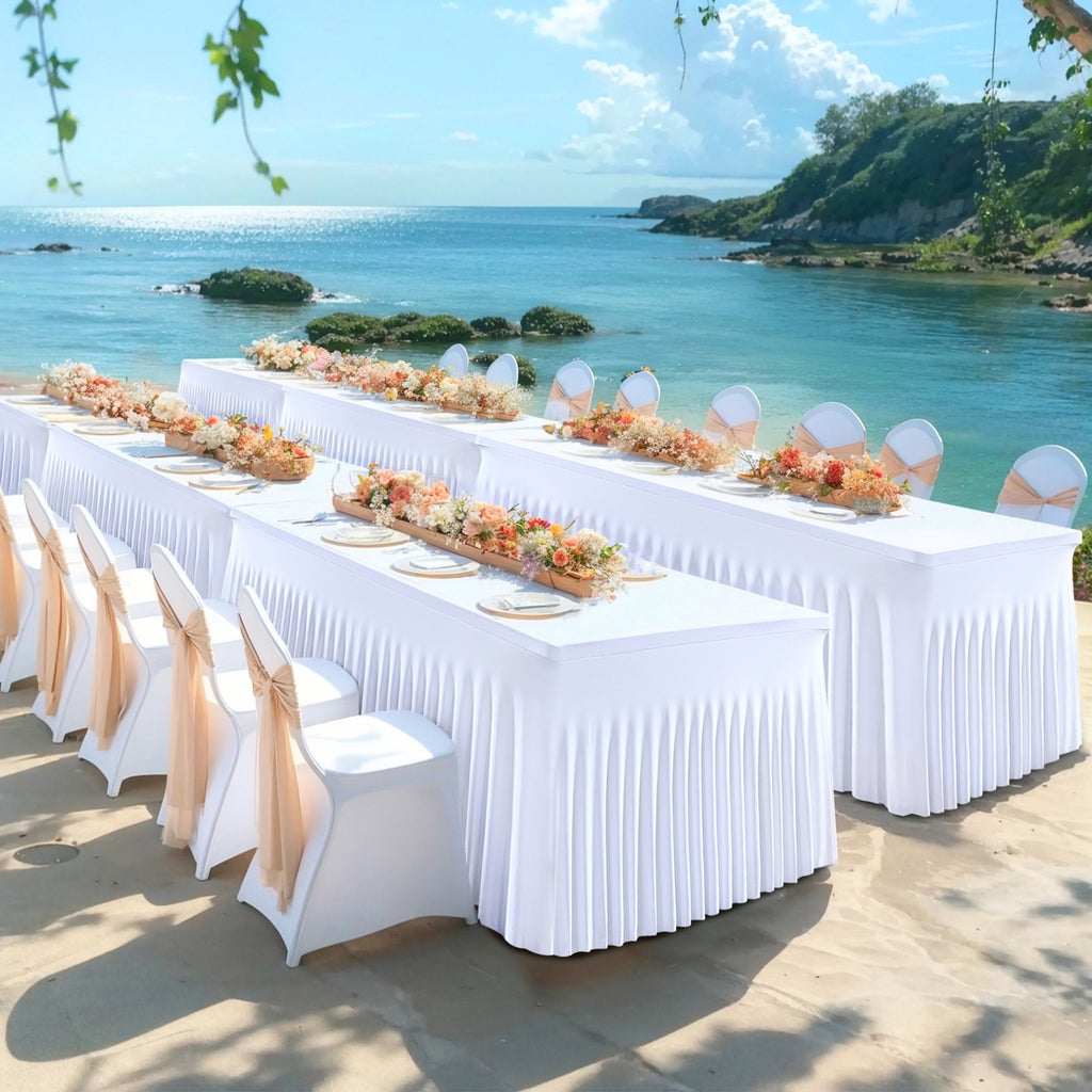 Ruffled Tablecloth for 4-Foot Rectangular Tables, One-Piece Polyester Spandex Table Cover with Integrated Skirt for Wedding Buffets, Dessert Displays and Parties