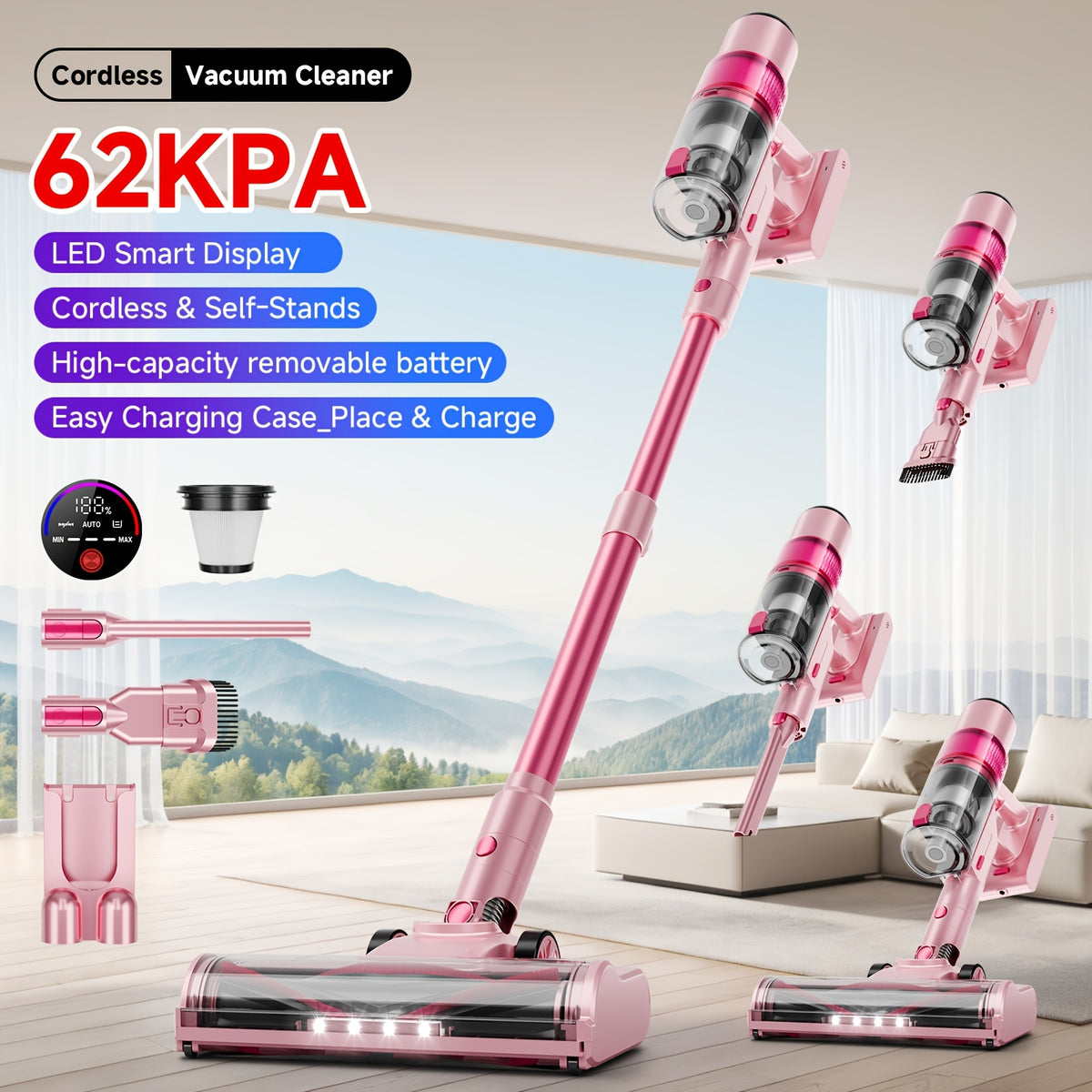 LED Display Cordless Vacuum Cleaner with Anti-Tangle Floor Brush and Detachable Rechargeable Battery for Carpet, Pet Hair, Tile and Hardwood Floors