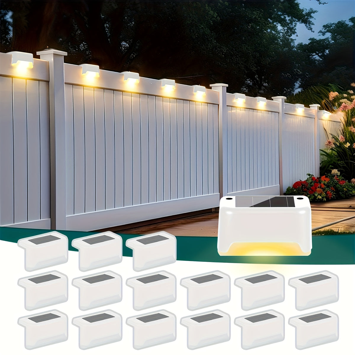 Warm White Solar Step Lights, 16 or 32-Pack Outdoor LED Accents with ABS Housing, Screw Mounting and Automatic On/Off in Black, White or Brown
