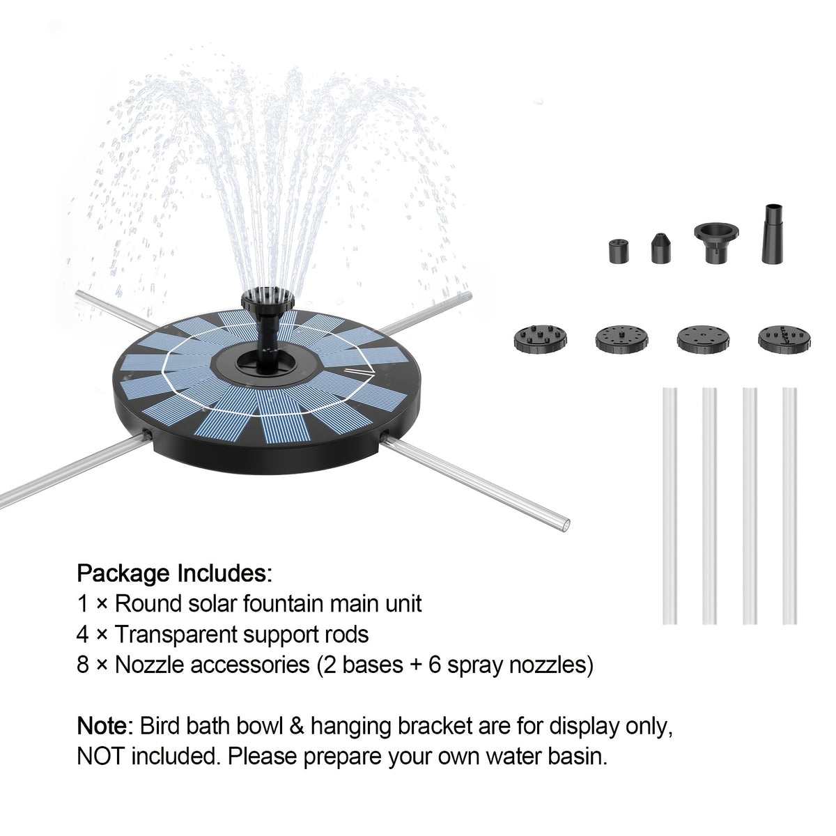 Solar Powered Water Fountain DT-505 with 4 Transparent Support Rods and 6 Spray Nozzles, Round Plastic Fountain Unit for Garden Pond and Courtyard Decor
