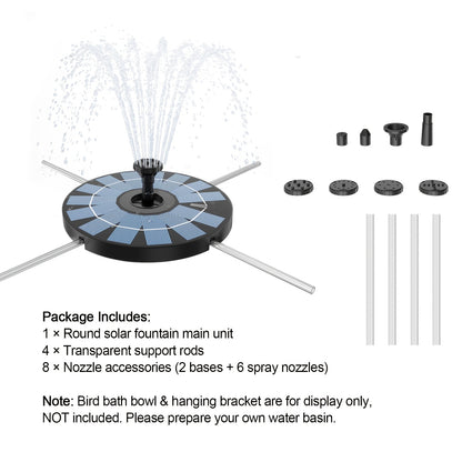 Solar Powered Water Fountain DT-505 with 4 Transparent Support Rods and 6 Spray Nozzles, Round Plastic Fountain Unit for Garden Pond and Courtyard Decor