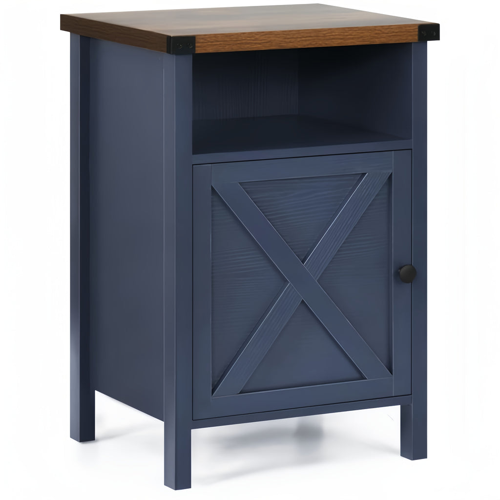 Farmhouse Nightstand by OAKSTEAD with Barn Door and Shelf, Five Colors and Single or Two-Table Packs for Bedside Essentials, Living Room and Entryway Storage