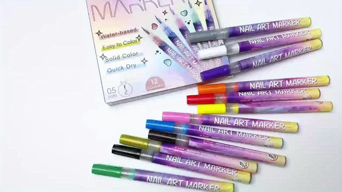 12-Color Nail Doodle Pen Set with Nail Art Practice Card, Quick-Drying Manicure Markers for Decorative Dots, Lines and Freehand Designs at Home or Salon