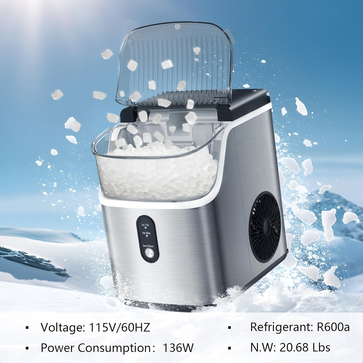 Automatic-Cleaning Countertop Ice Machine with Silvery, Black-Bullet Ice and Grey-Bullet Ice Options for Kitchen Drinks, Home Bar Setup and Party Preparation