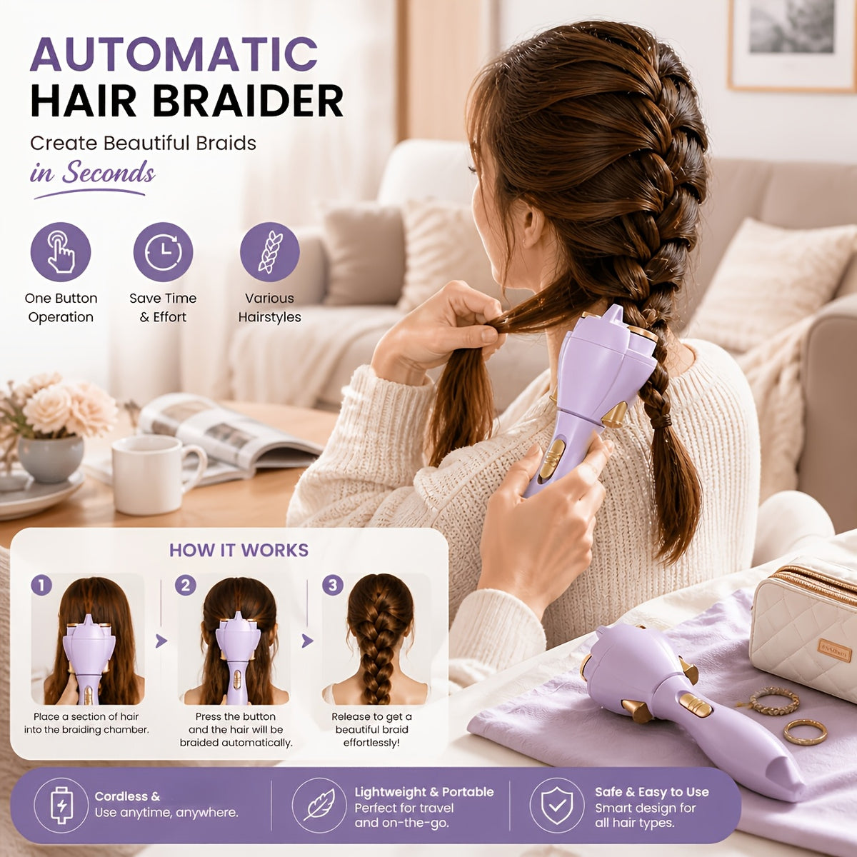 Automatic Hair Braider, Purple Cordless Electric Hair Twisting Tool with One-Button Control for DIY Everyday, Party and Wedding Styles, Battery Not Included