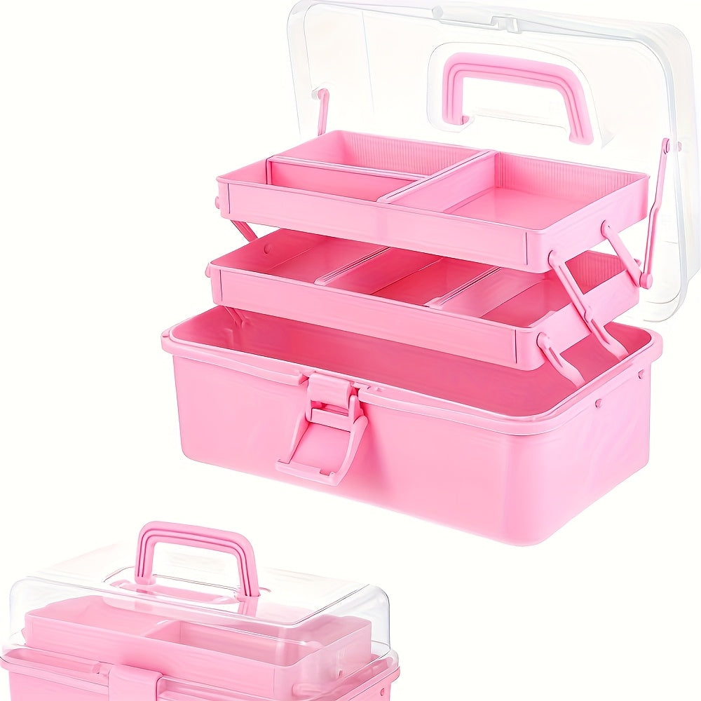 Folding Craft Storage Box with Listed Three-Layer Adjustable Design and Transparent Lid, Portable Organizer for Sewing Tools, Art Supplies and Scrapbooking Materials
