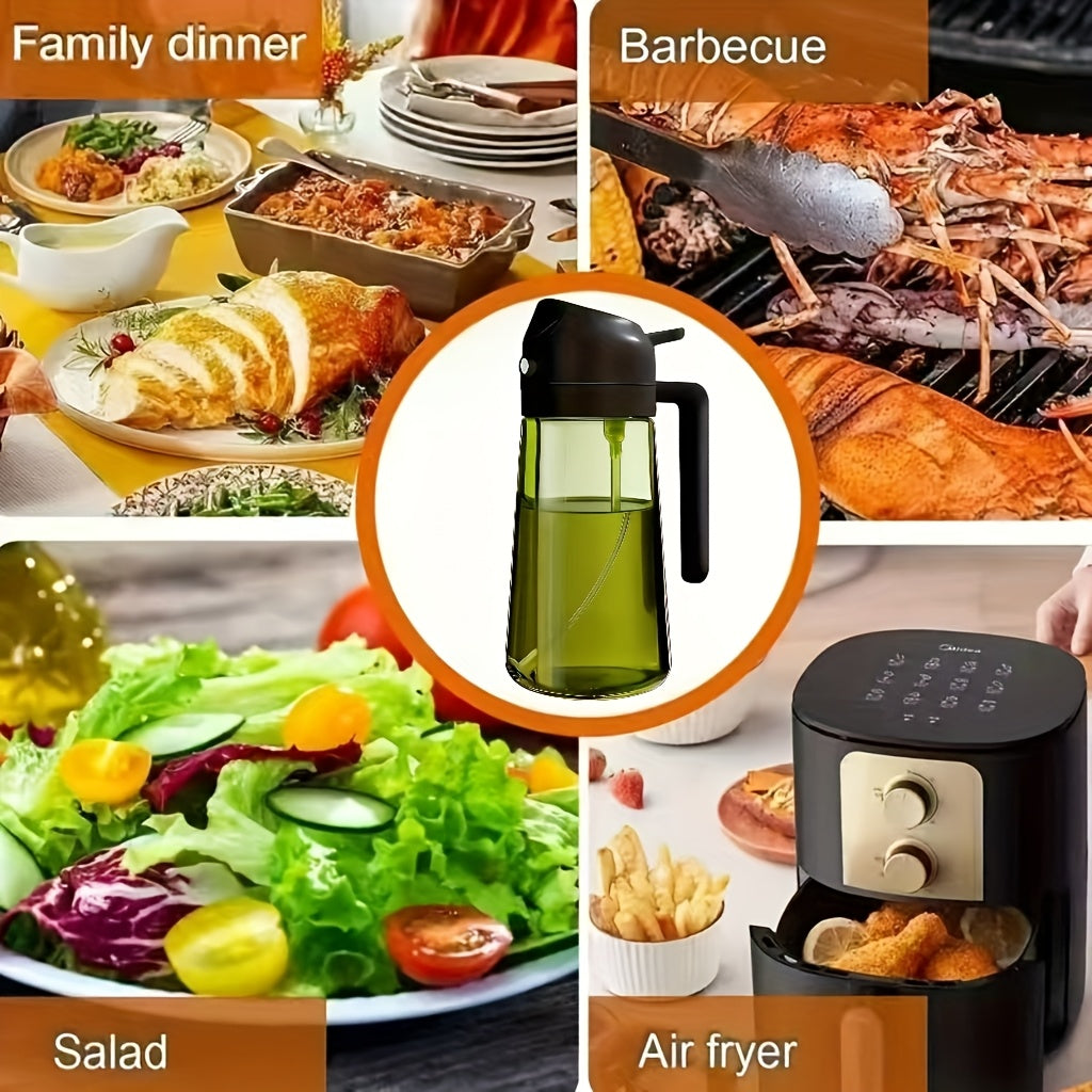Olive Oil Sprayer and Dispenser Bottle, Listed 16 Oz Dark Green Glass with Black Cap and Six Stickers for Two-in-One Pouring and Cooking Oil Spray in Kitchen and BBQ Prep
